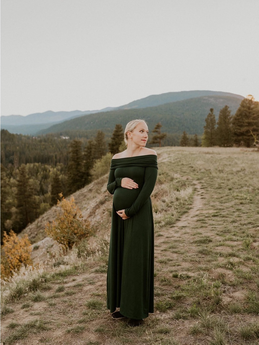 Mother Bee Maternity Off-the-Shoulder Long Sleeve Forest Green Maternity Dress